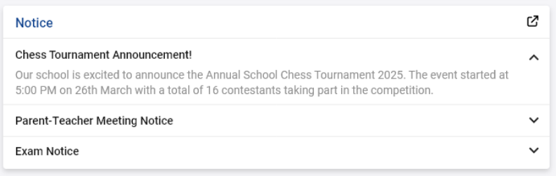 School announcements and notices section in openSIS student dashboard