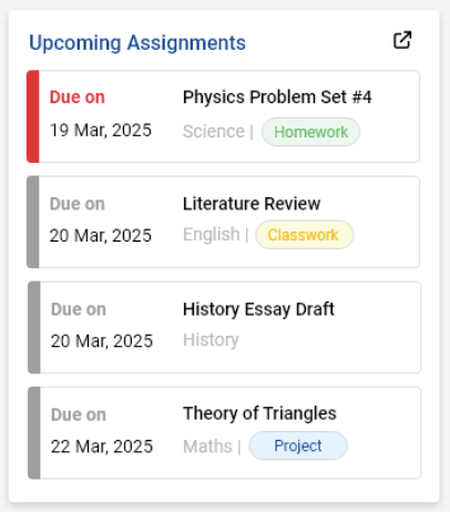 Upcoming assignments list in openSIS student dashboard