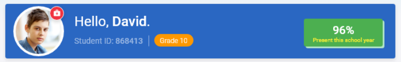 Student overview header in openSIS dashboard showing student profile, grade, and enrollment status
